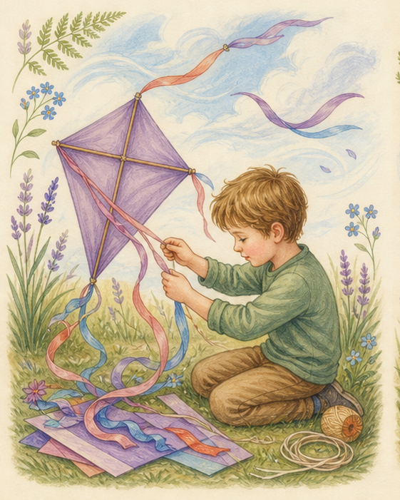 Watercolor of a child making a simple paper kite with ribbons
