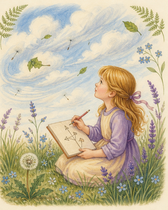 Watercolor of a child observing clouds and wind in a nature journal