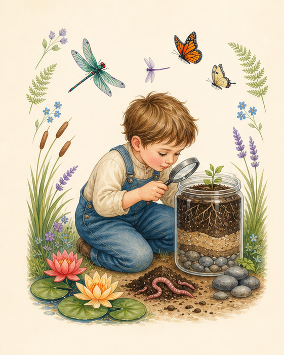 Watercolor of a child observing soil layers, roots, and earthworms