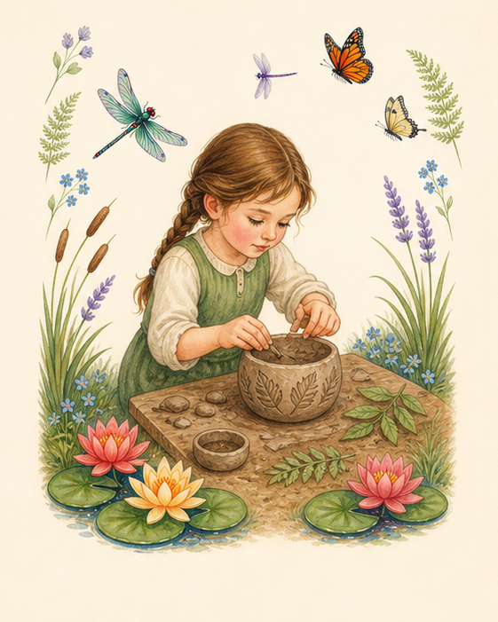 Watercolor of a child shaping a clay bowl with pressed leaves