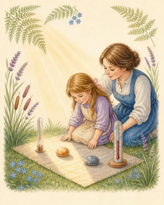 Watercolor of a parent and child comparing warmth in sunlight and shade