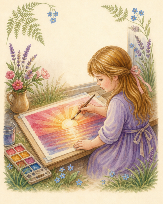 Watercolor of a child painting a glowing sunrise