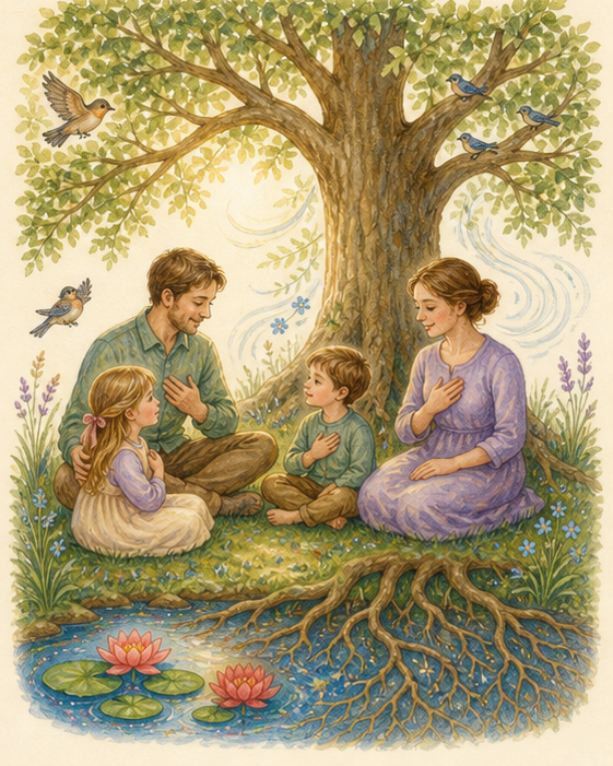Watercolor of a family sharing gratitude beneath a sheltering tree