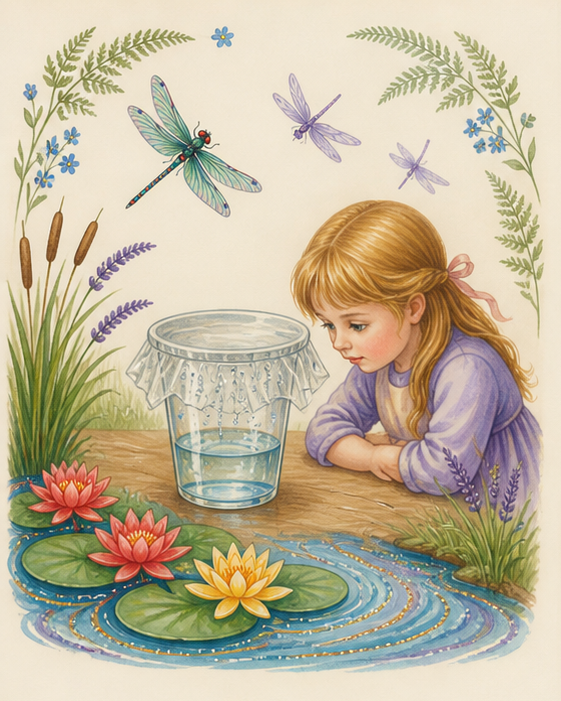 Watercolor of a child observing droplets form in a covered glass
