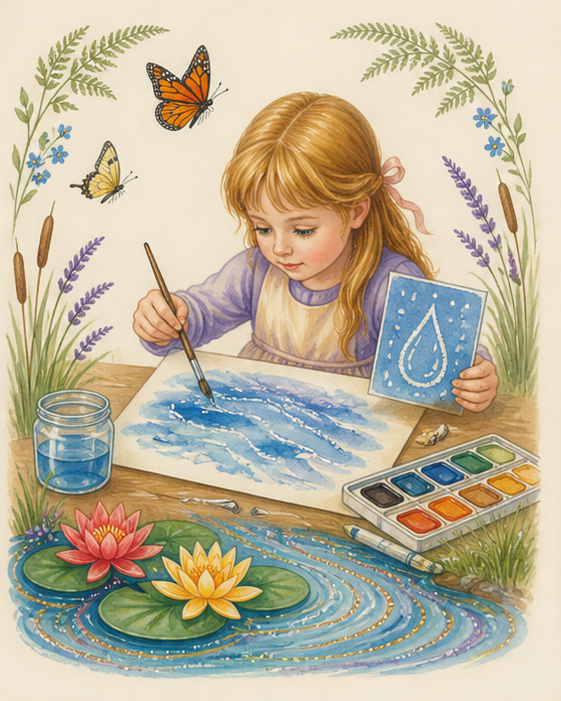 Watercolor of a child painting blue water and a wax-resist raindrop