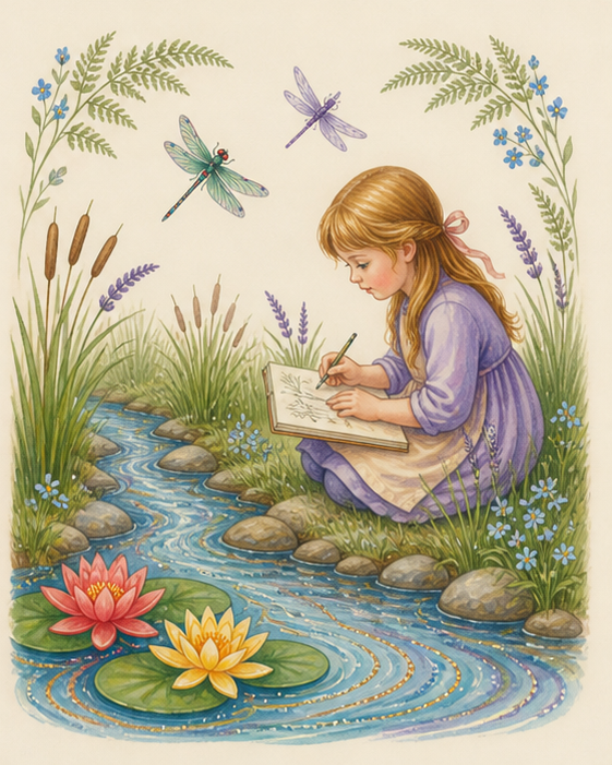 Watercolor of a child keeping a nature journal beside a creek