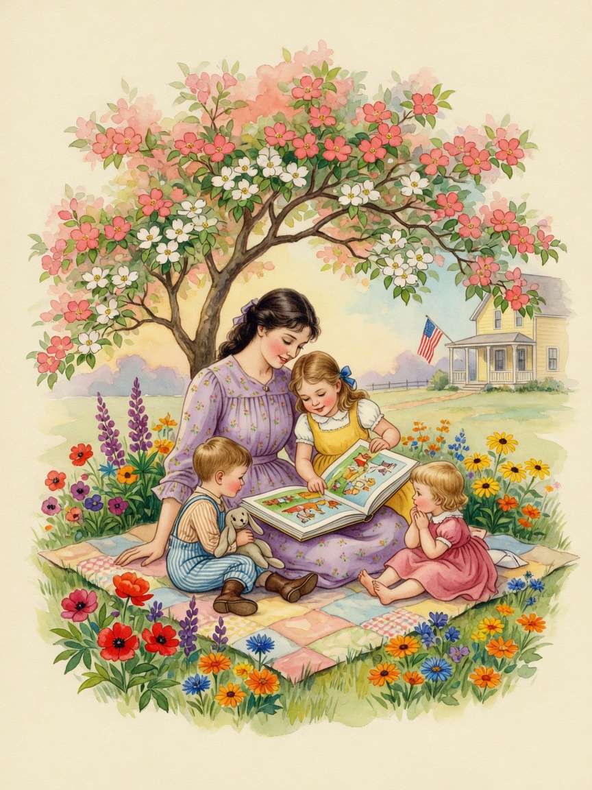 Watercolor sheltering tree, family table, books, candle, flowers, and art supplies