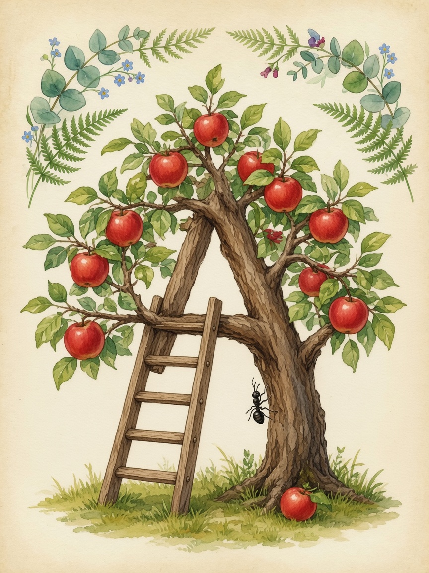 Watercolor of the apple ladder forming the letter A