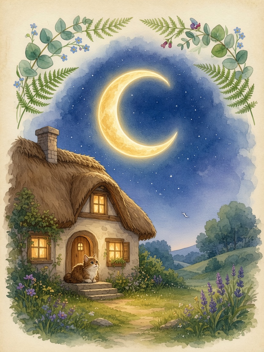 Watercolor of the crescent moon forming the letter C