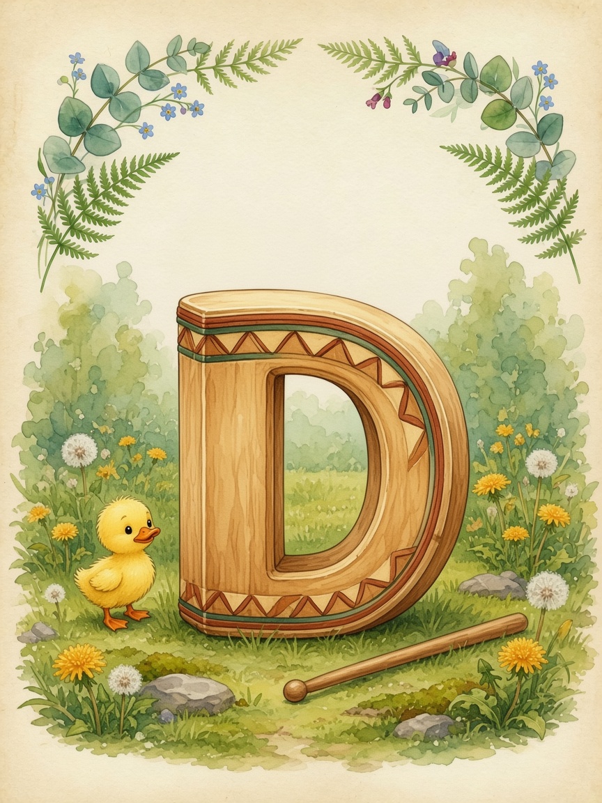 Watercolor of the drum forming the letter D