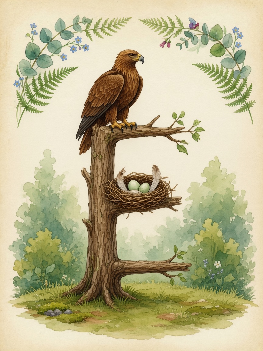 Watercolor of the eagle's tree forming the letter E