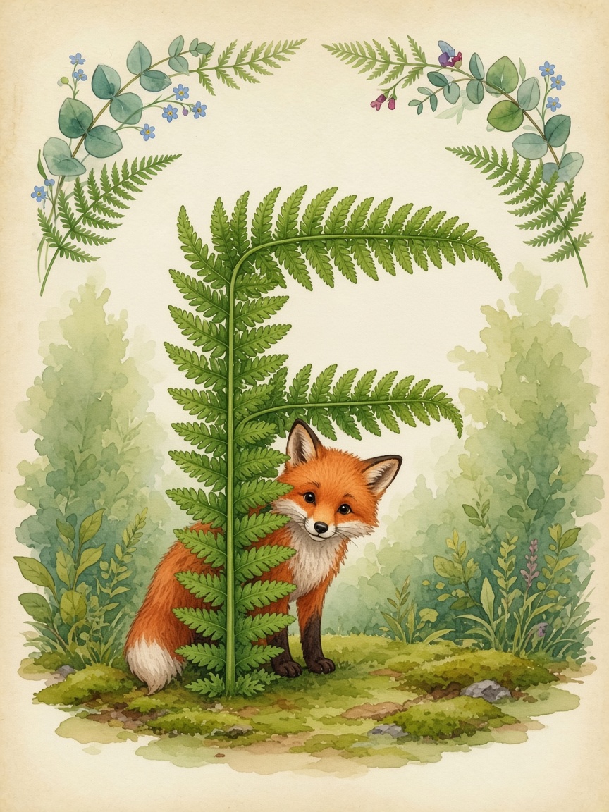 Watercolor of the fern forming the letter F