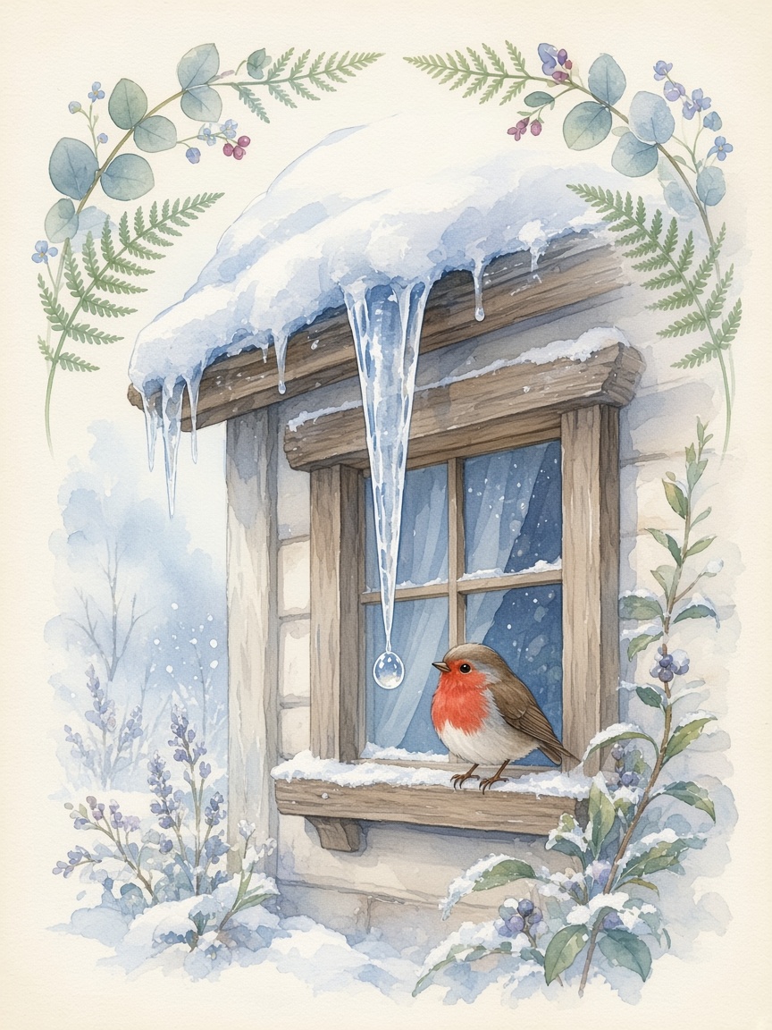 Watercolor of the icicle forming the letter I