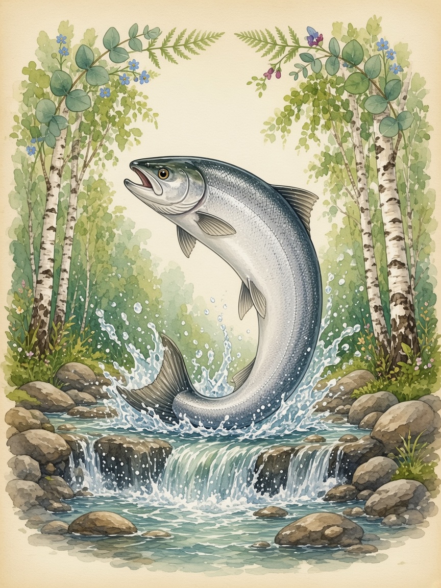 Watercolor of the jumping salmon forming the letter J