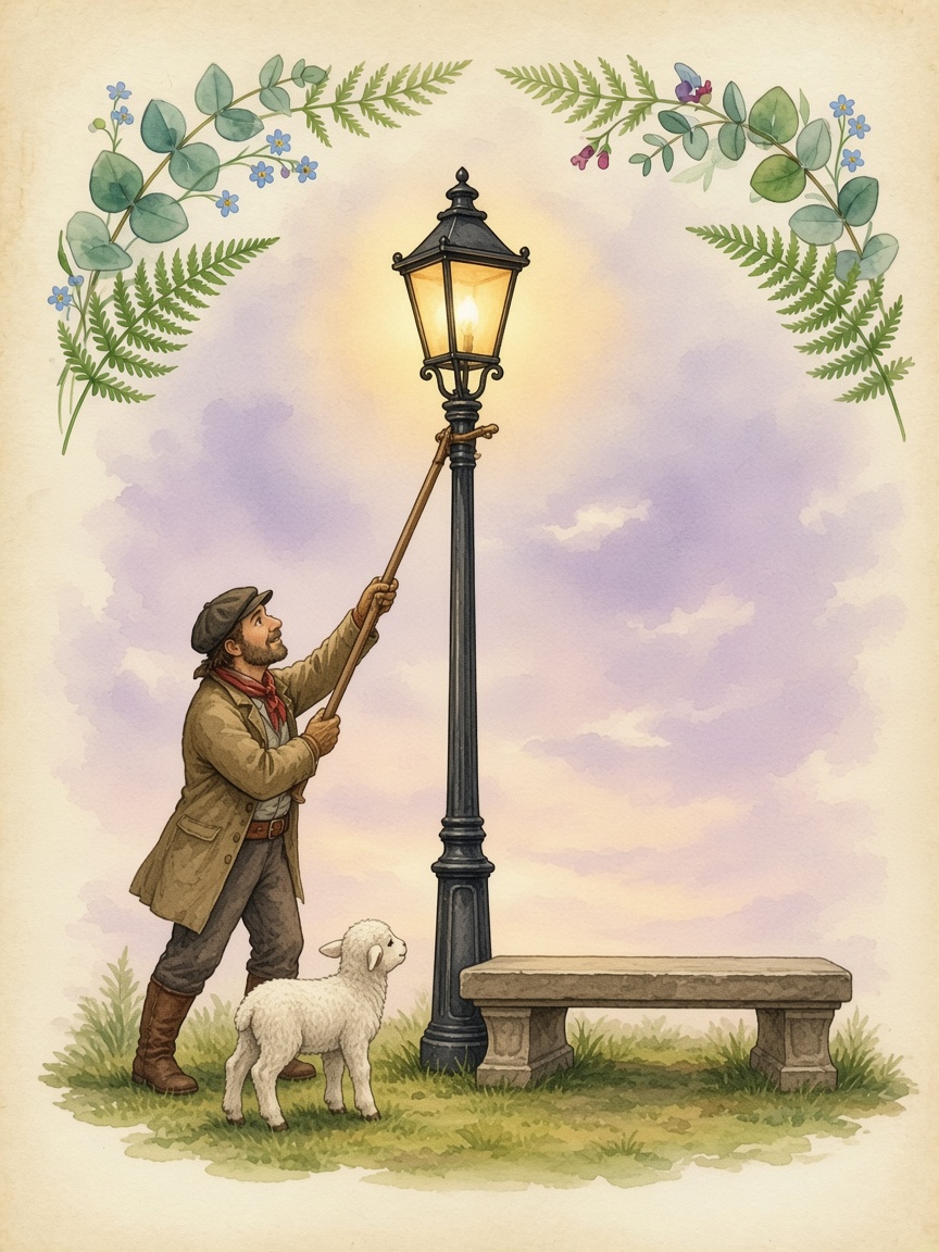 Watercolor of the lamplighter forming the letter L