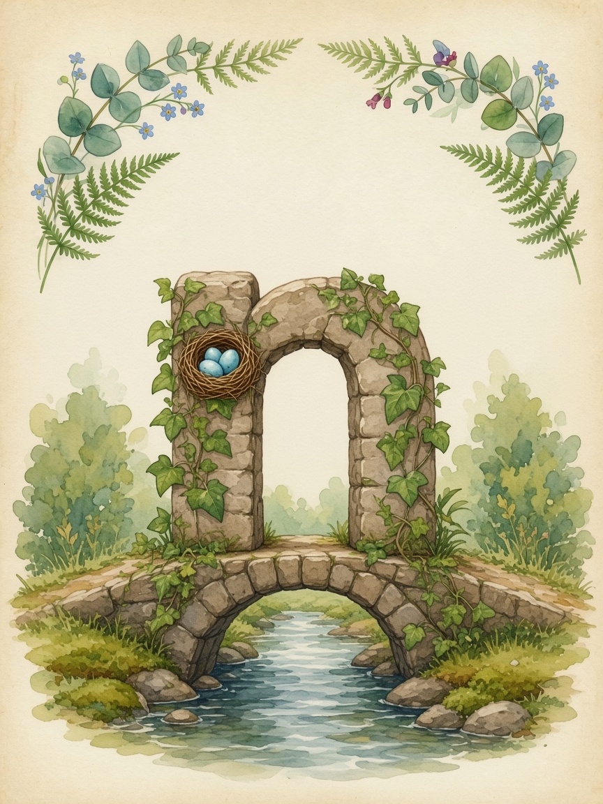 Watercolor of the narrow bridge forming the letter N