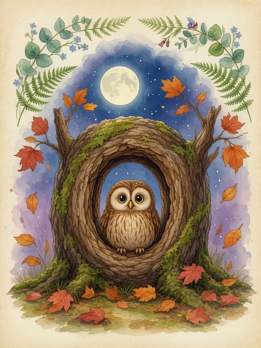 Watercolor of the owl forming the letter O