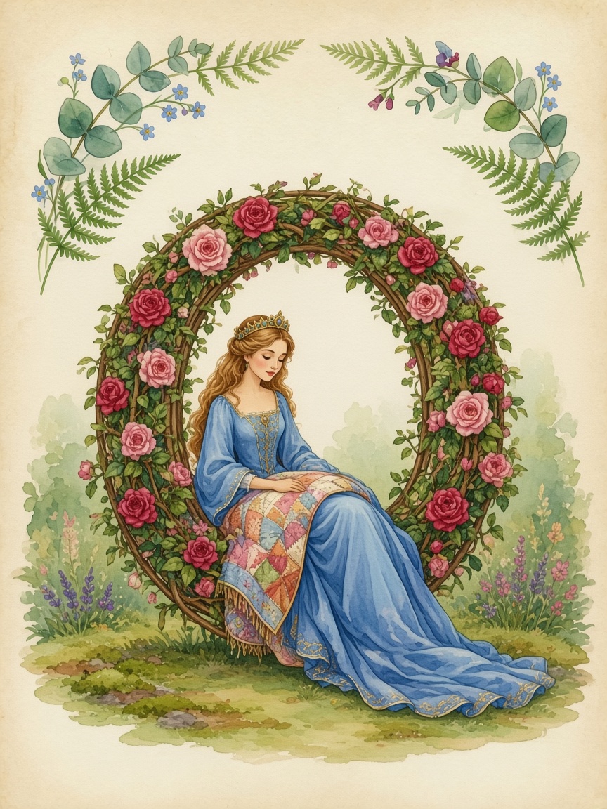Watercolor of the queen forming the letter Q