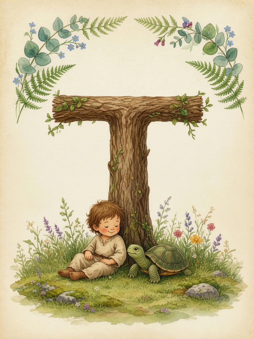 Watercolor of the tall tree forming the letter T