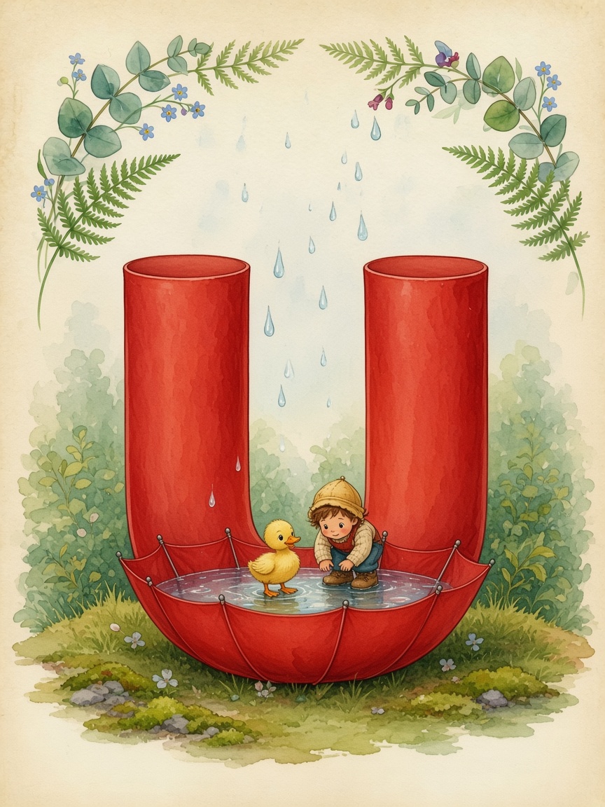 Watercolor of the upturned umbrella forming the letter U