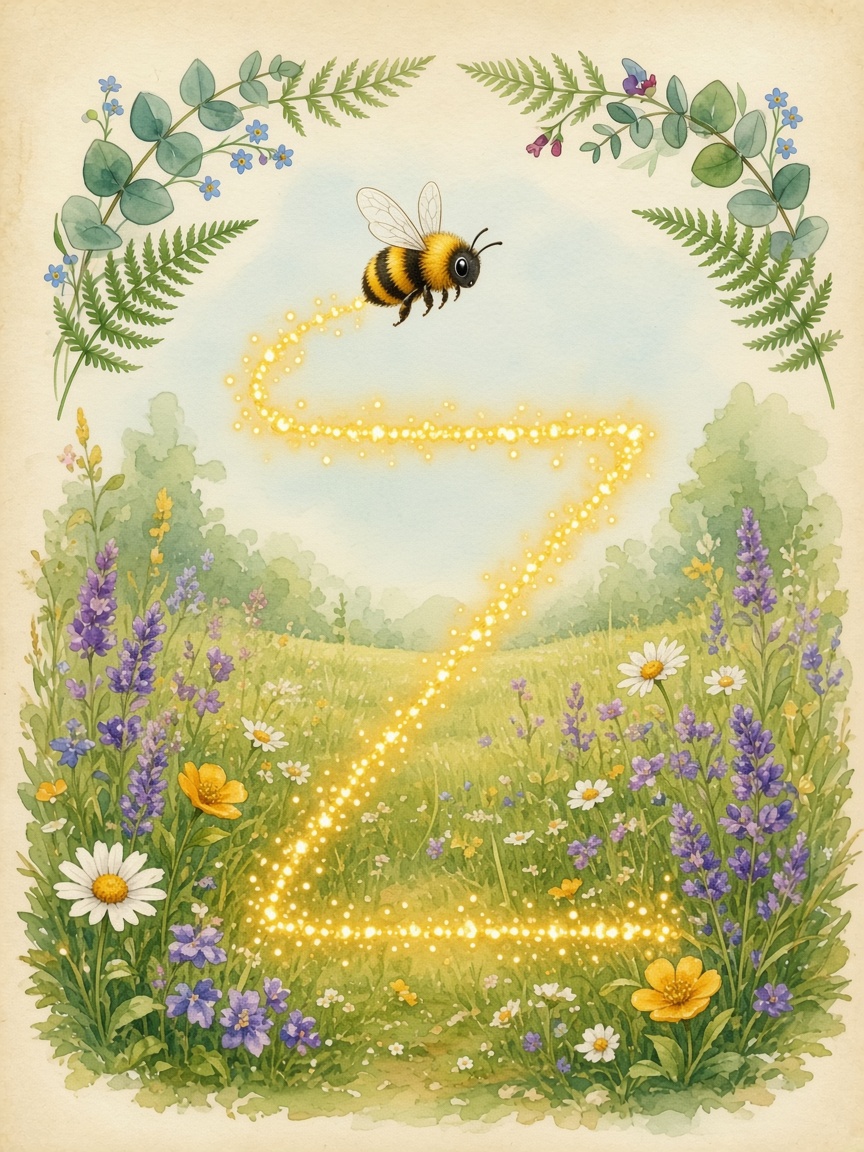 Watercolor of the zigzag bee forming the letter Z