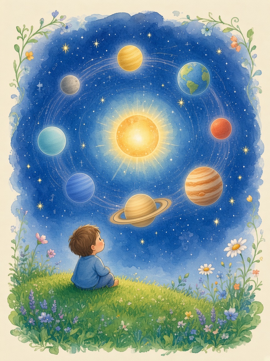 Watercolor of the sun and its planets for the number nine