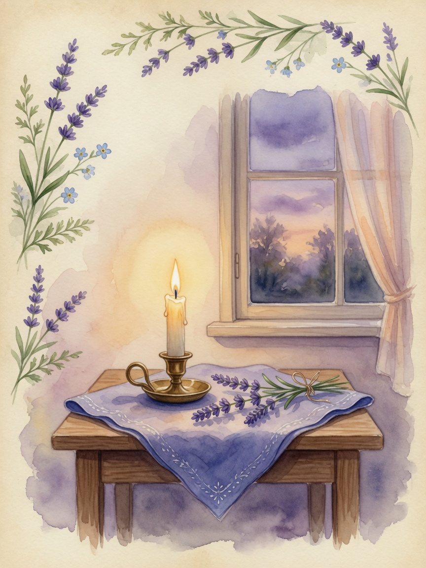 Watercolor candle and lavender at dusk